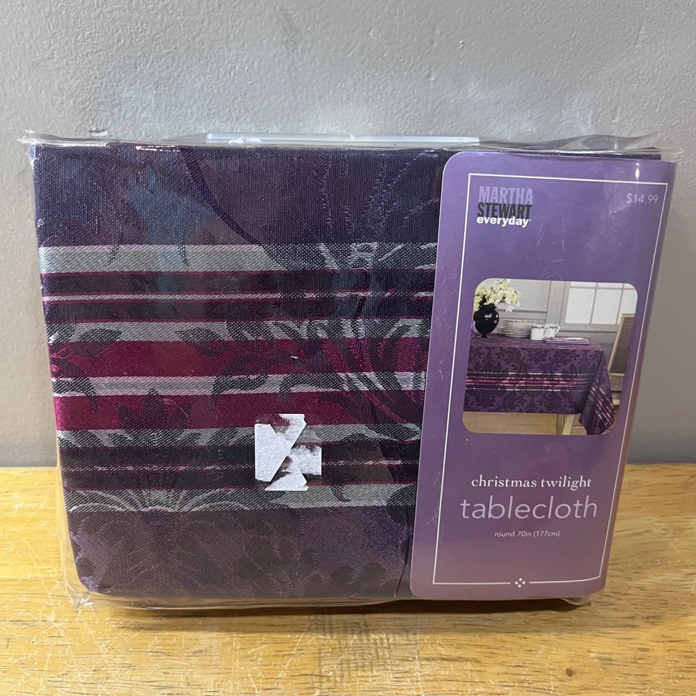 Martha Stewart Tablecloth 70in Round Purple Christmas Twilight Vtg Damask Stripe